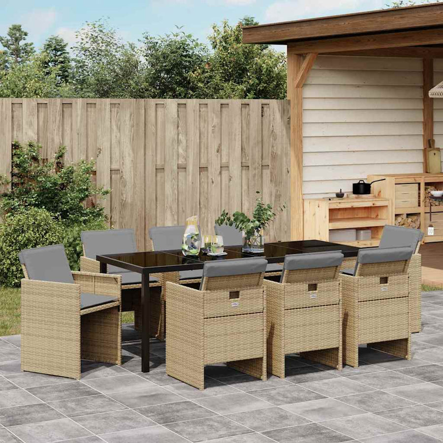 Tuin Eettafelset Met Kussen 9 Pcs Beige Poly Rattan
