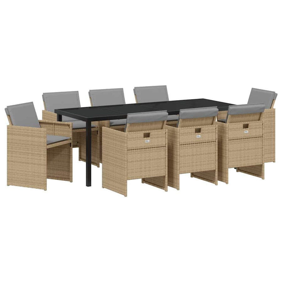 Tuin Eettafelset Met Kussen 9 Pcs Beige Poly Rattan