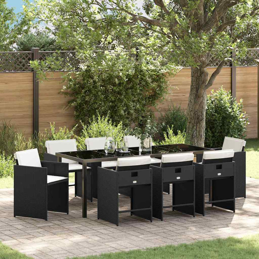 Tuin Eettafelset Met Kussen 9 Pcs Zwart Poly Rattan