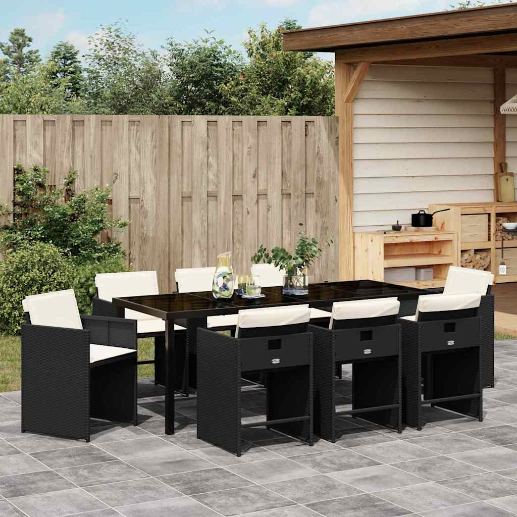 Tuin Eettafelset Met Kussen 9 Pcs Zwart Poly Rattan