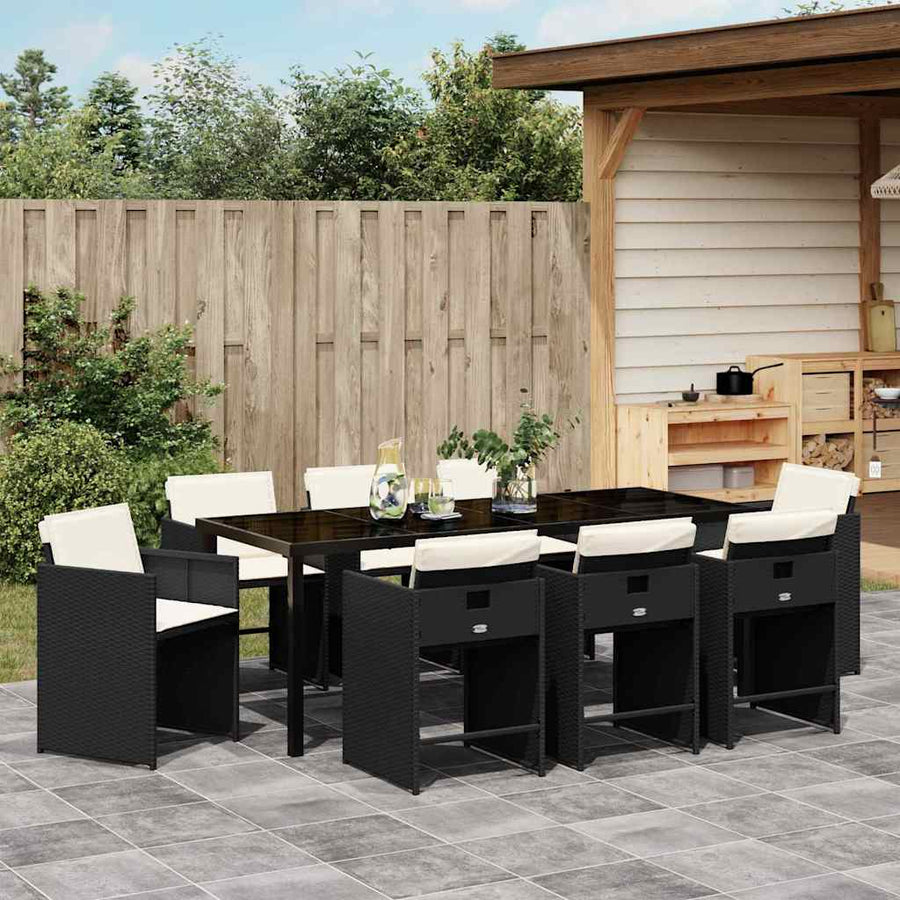Tuin Eettafelset Met Kussen 9 Pcs Zwart Poly Rattan