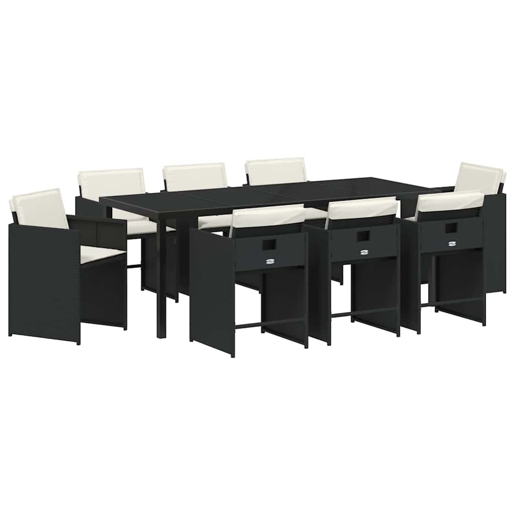 Tuin Eettafelset Met Kussen 9 Pcs Zwart Poly Rattan
