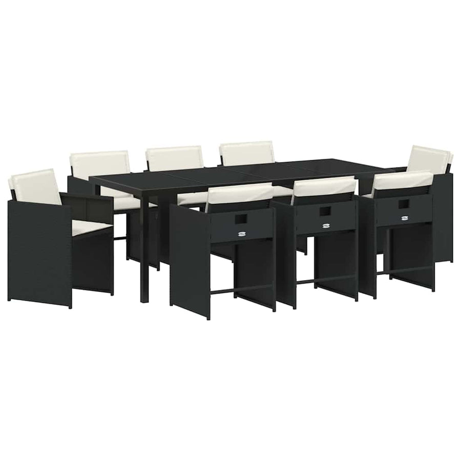 Tuin Eettafelset Met Kussen 9 Pcs Zwart Poly Rattan
