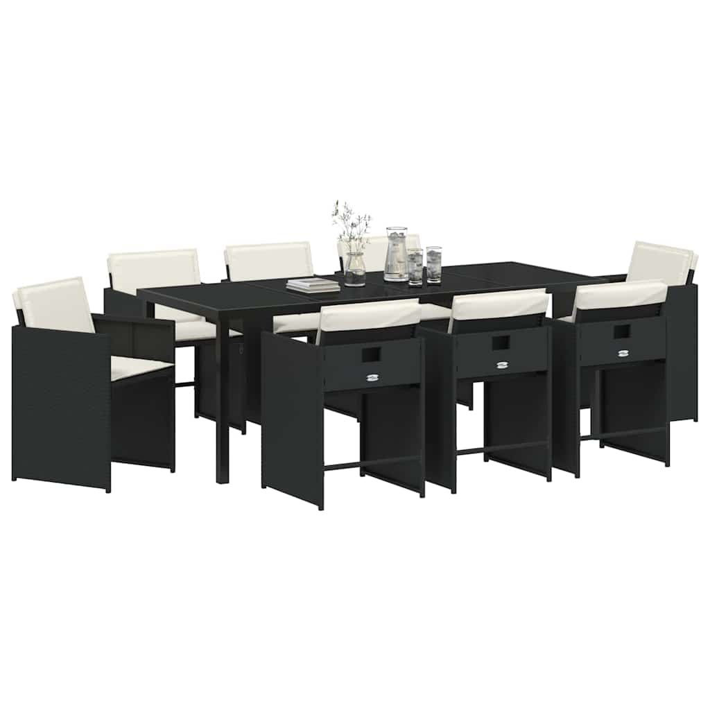 Tuin Eettafelset Met Kussen 9 Pcs Zwart Poly Rattan
