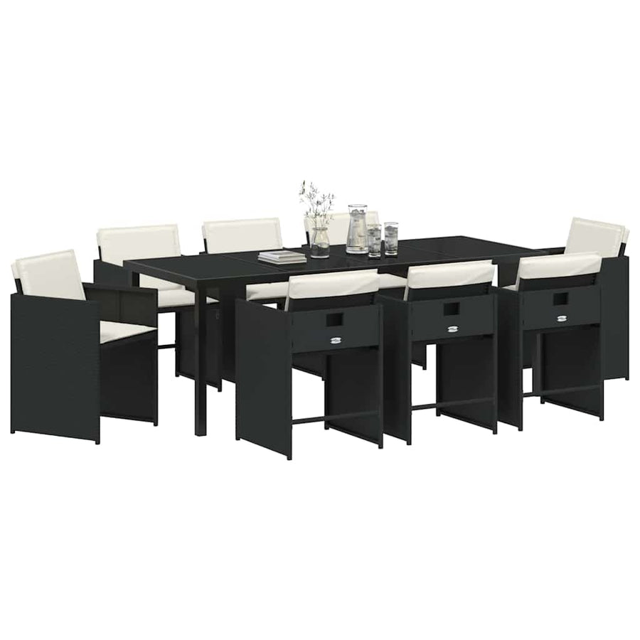 Tuin Eettafelset Met Kussen 9 Pcs Zwart Poly Rattan