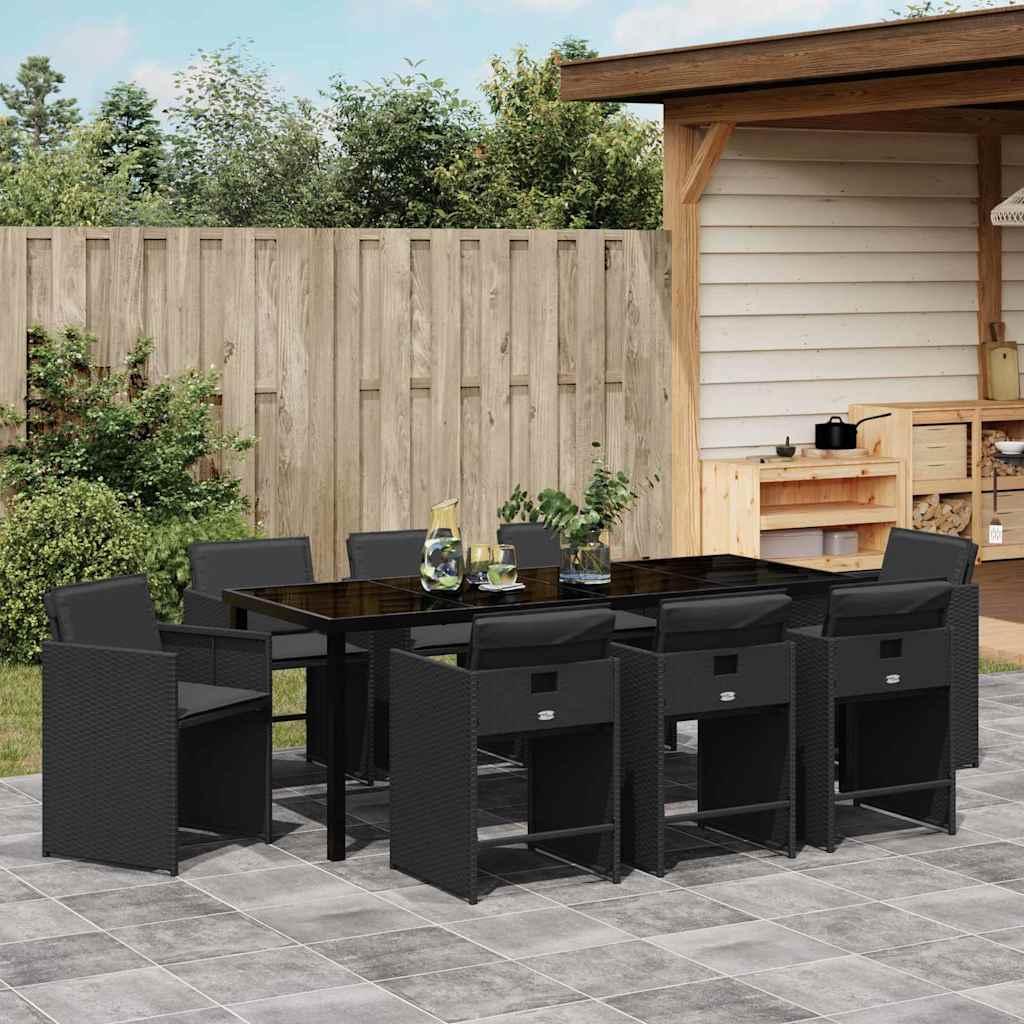 Tuin Eettafelset Met Kussen 9 Pcs Zwart Poly Rattan