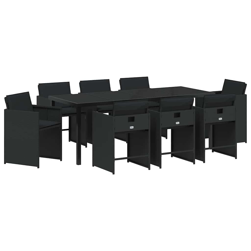 Tuin Eettafelset Met Kussen 9 Pcs Zwart Poly Rattan