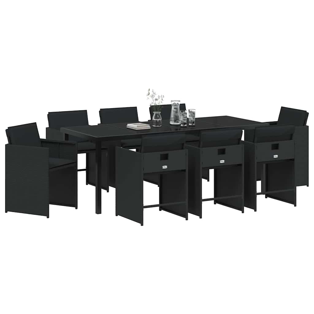 Tuin Eettafelset Met Kussen 9 Pcs Zwart Poly Rattan