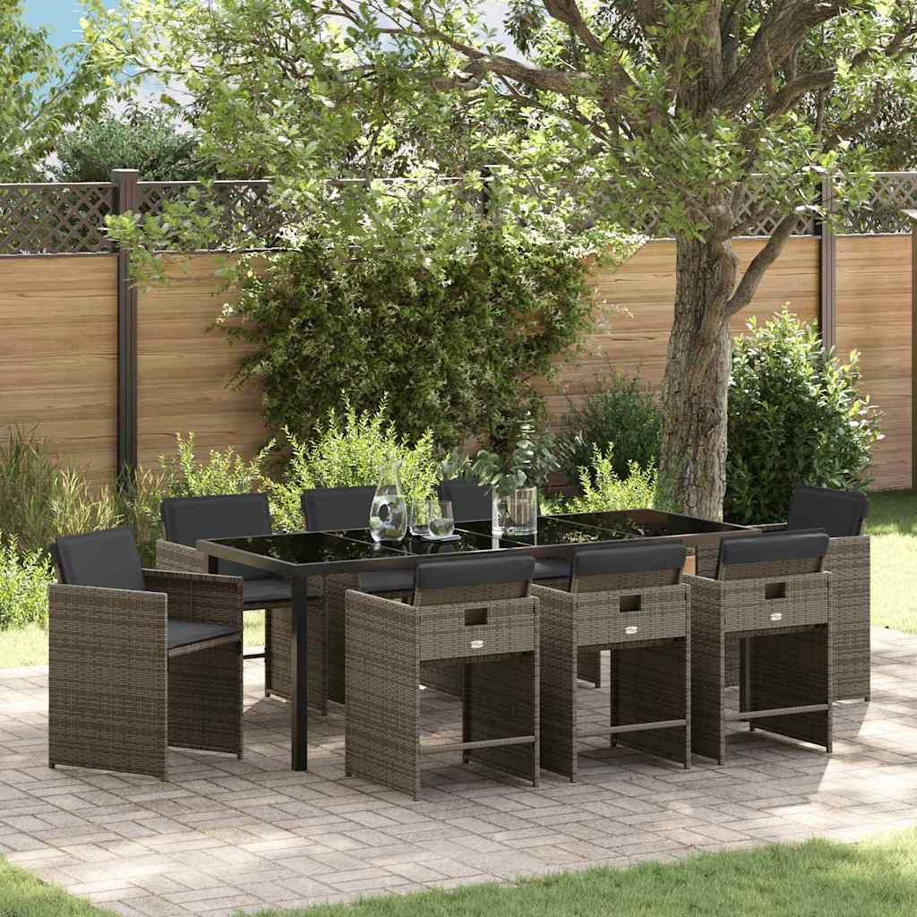Tuin Eettafelset Met Kussen 9 Pcs Grijs Poly Rattan