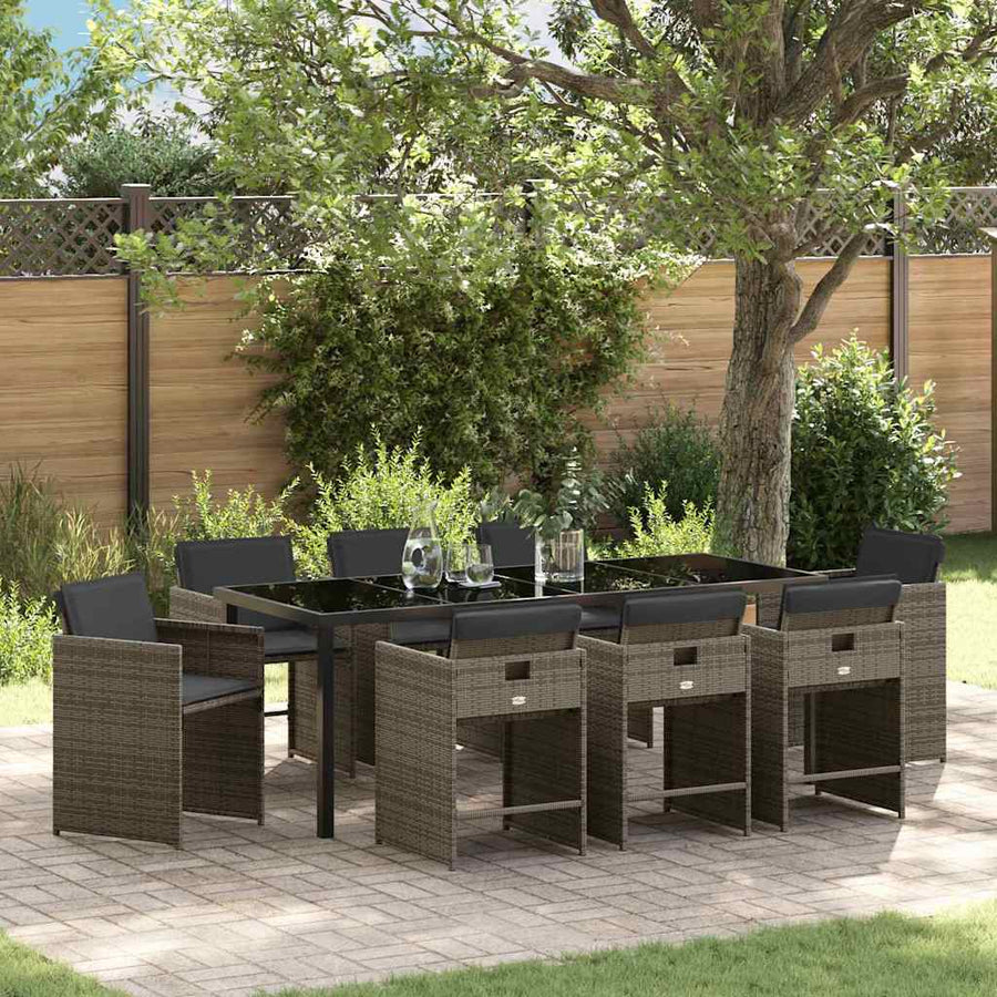 Tuin Eettafelset Met Kussen 9 Pcs Grijs Poly Rattan