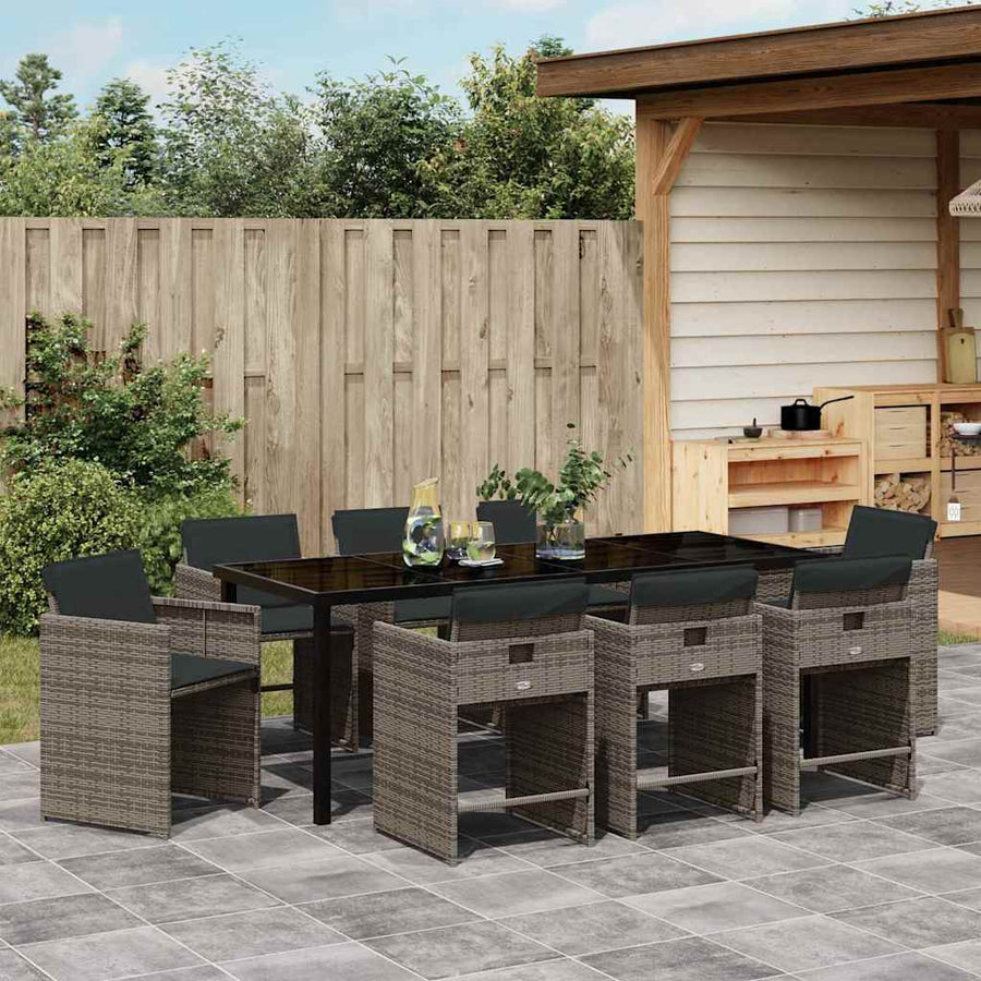Tuin Eettafelset Met Kussen 9 Pcs Grijs Poly Rattan