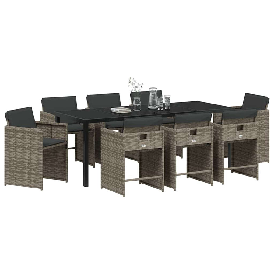 Tuin Eettafelset Met Kussen 9 Pcs Grijs Poly Rattan