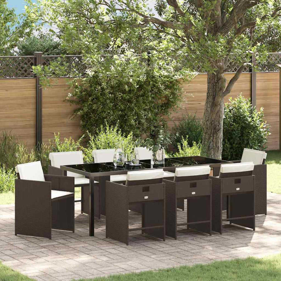 Tuin Eettafelset Met Kussen 9 Pcs Bruin Poly Rattan