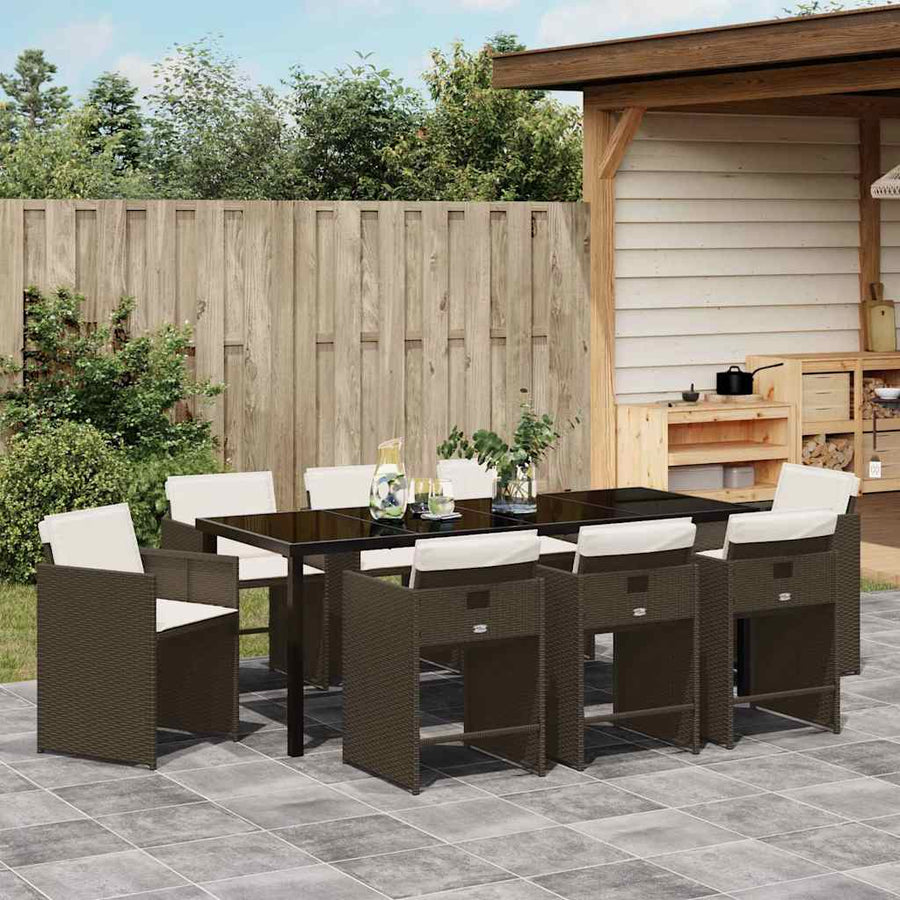 Tuin Eettafelset Met Kussen 9 Pcs Bruin Poly Rattan