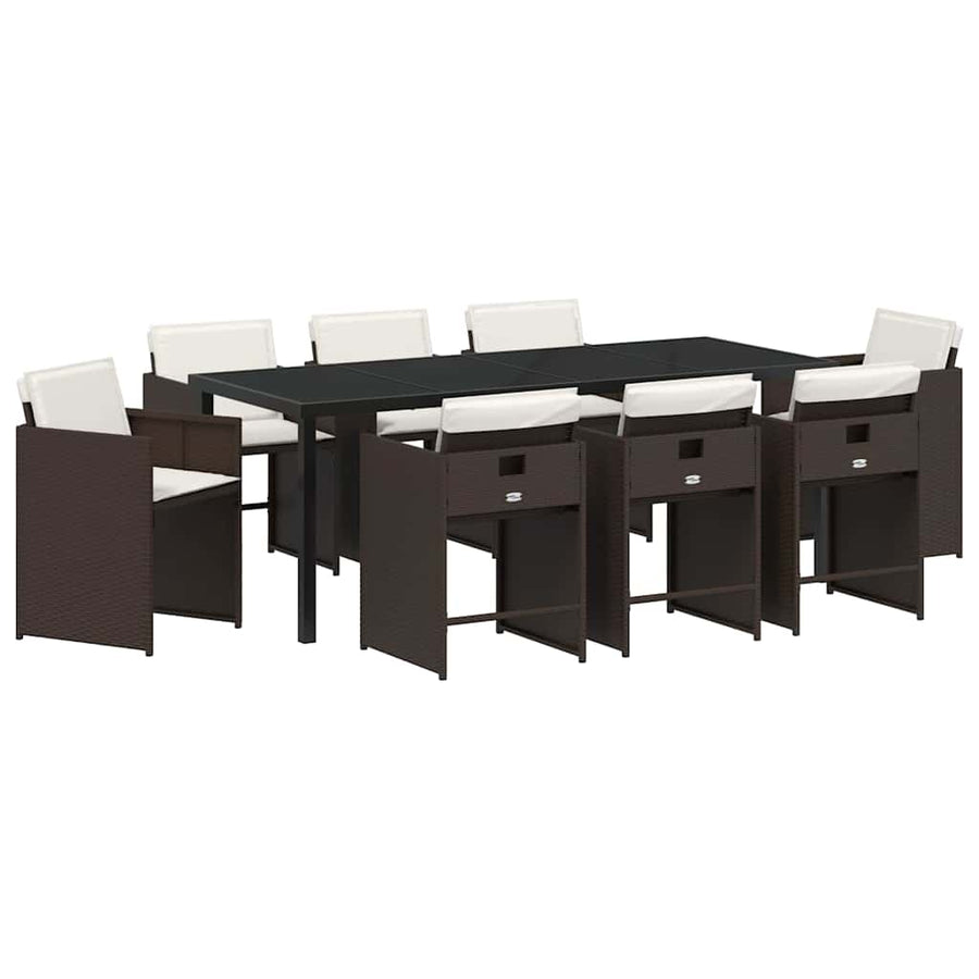 Tuin Eettafelset Met Kussen 9 Pcs Bruin Poly Rattan