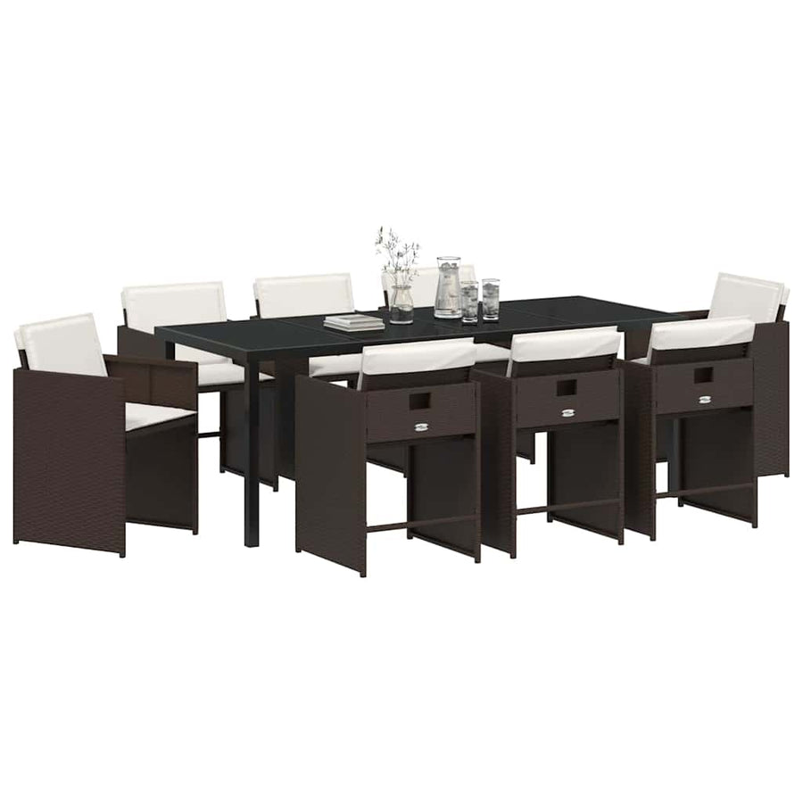 Tuin Eettafelset Met Kussen 9 Pcs Bruin Poly Rattan