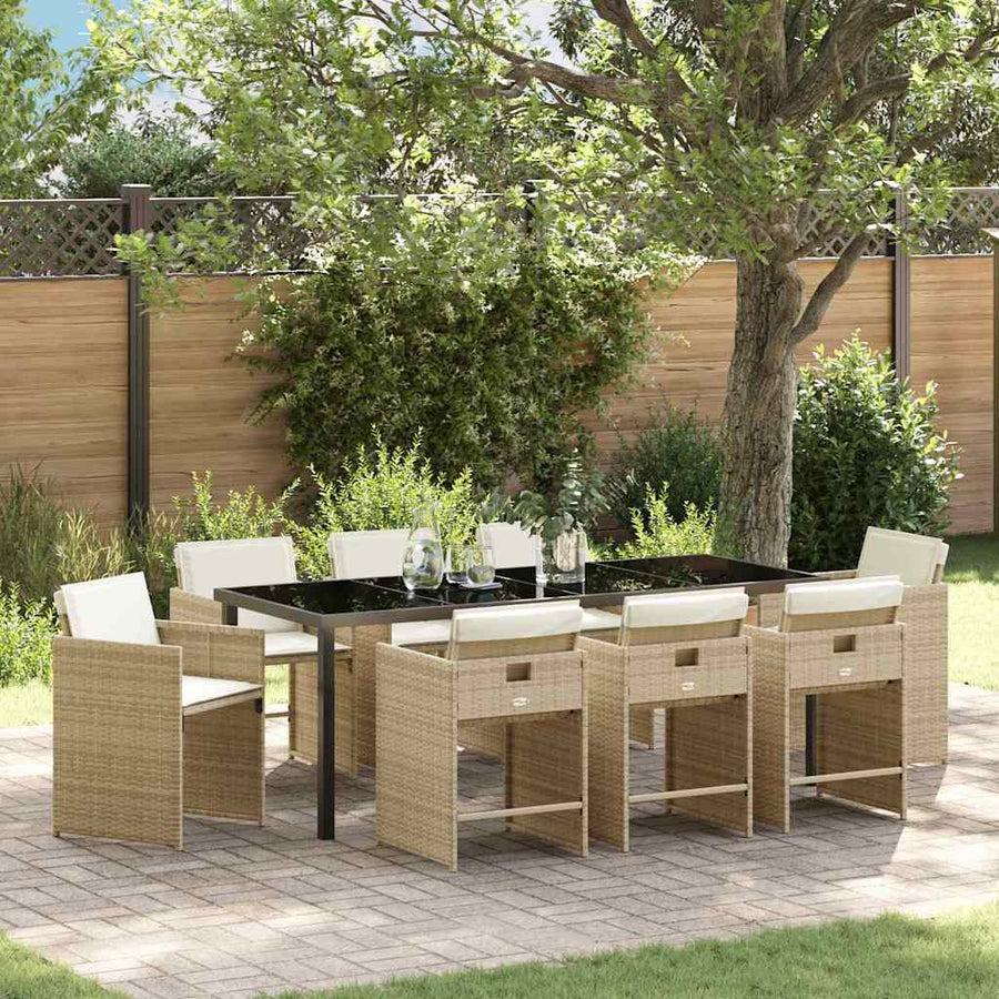 Tuin Eettafelset Met Kussen 9 Pcs Beige Poly Rattan