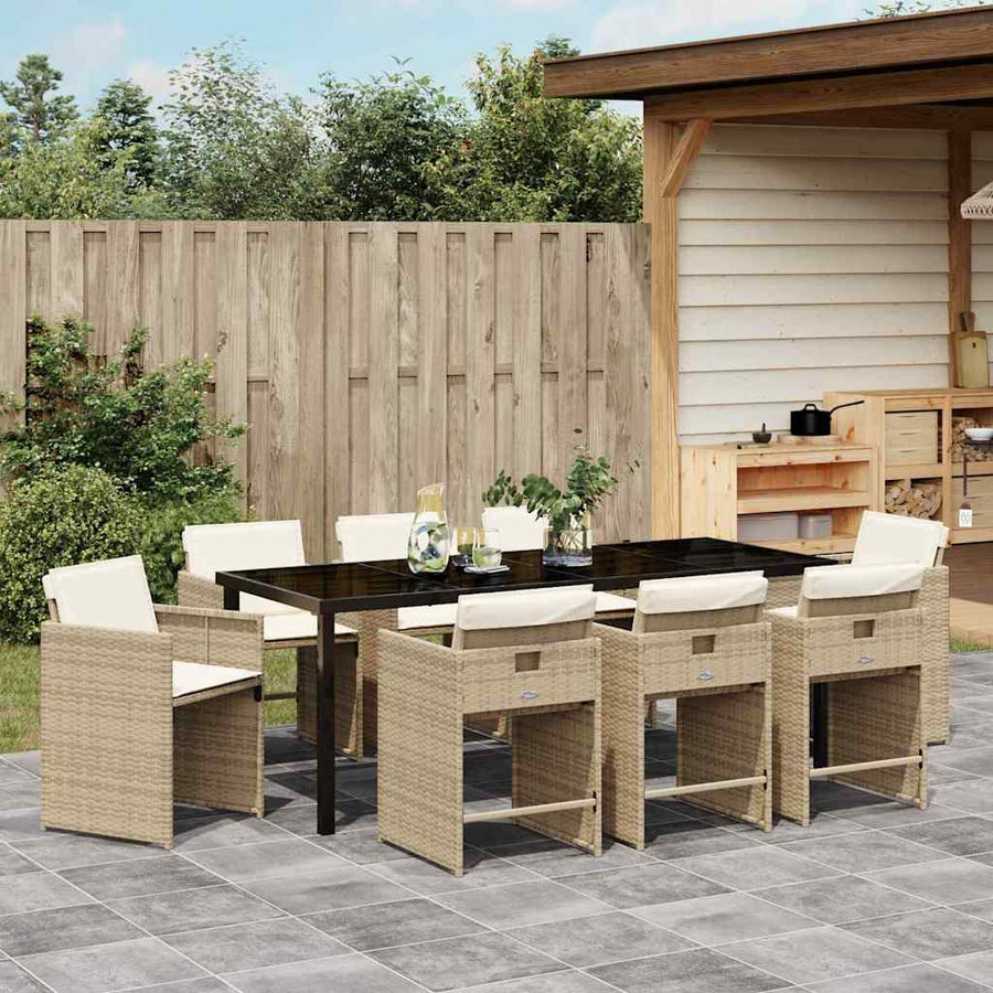 Tuin Eettafelset Met Kussen 9 Pcs Beige Poly Rattan