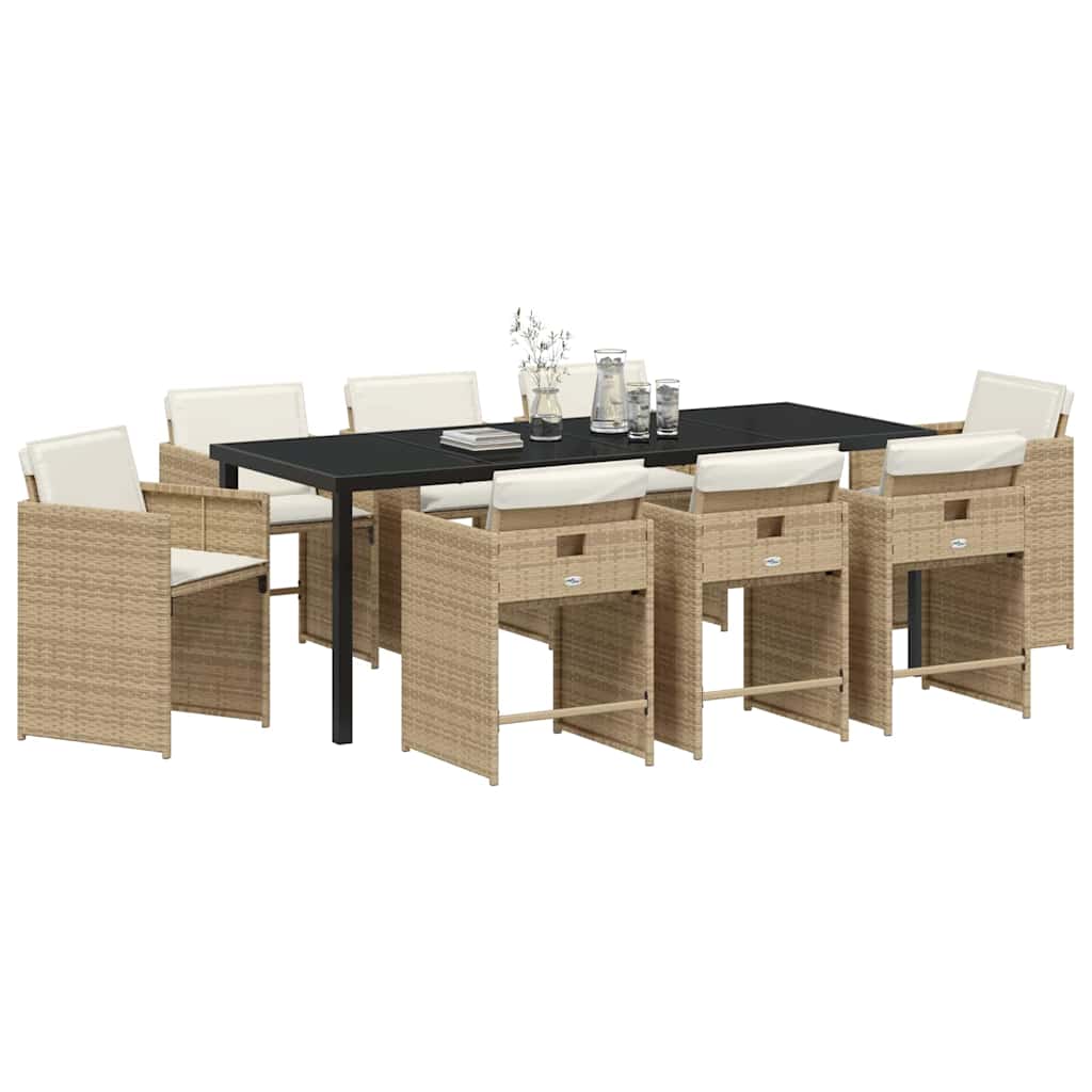 Tuin Eettafelset Met Kussen 9 Pcs Beige Poly Rattan