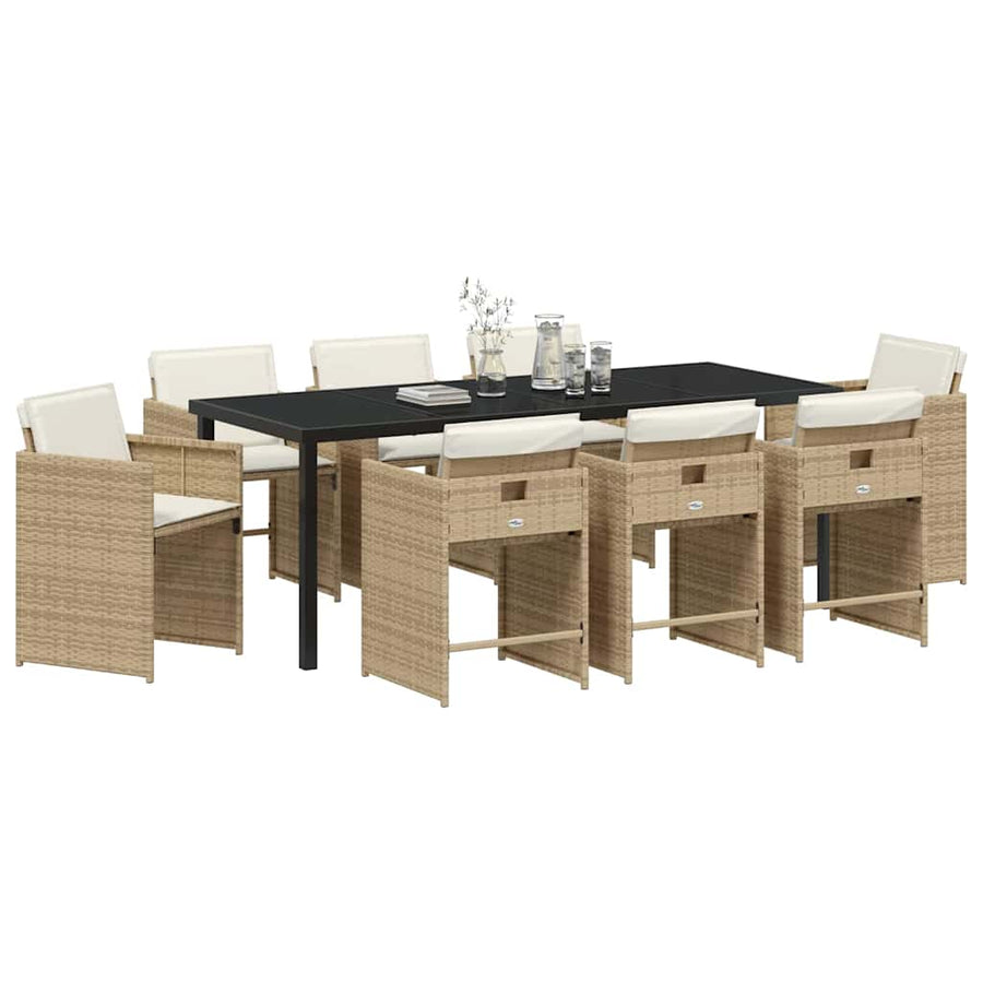 Tuin Eettafelset Met Kussen 9 Pcs Beige Poly Rattan