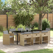 Tuin eettafelset 9-delig poly rattan beige met kussens