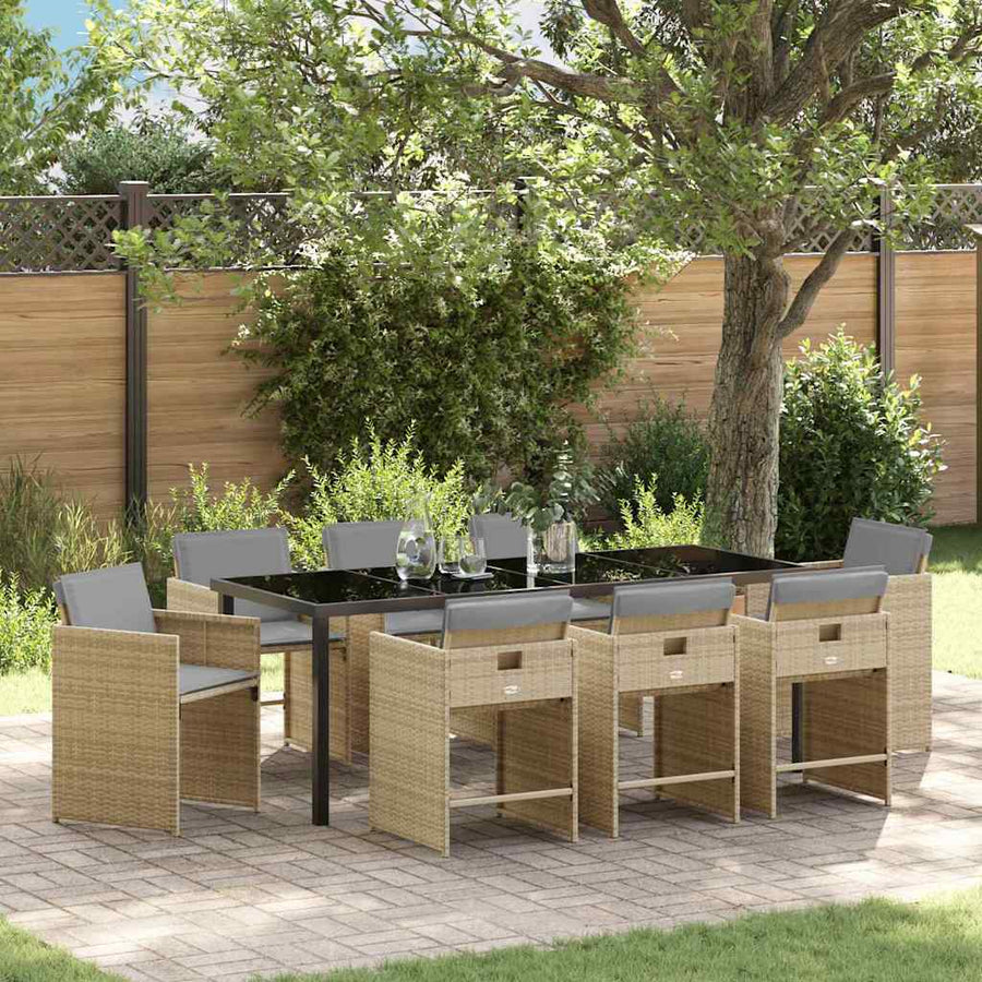 Tuin Eettafelset Met Kussen 9 Pcs Beige Poly Rattan