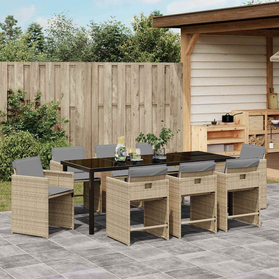 Tuin Eettafelset Met Kussen 9 Pcs Beige Poly Rattan