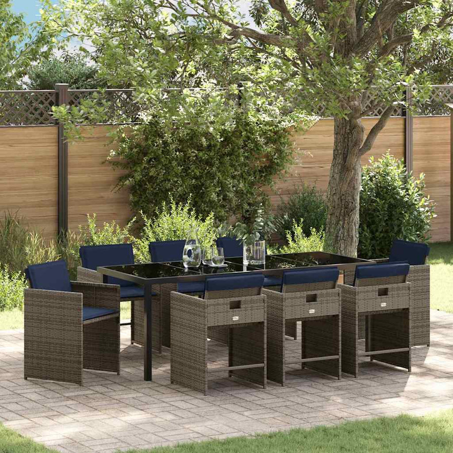 Tuin Eettafelset Met Kussen 9 Pcs Grijs Poly Rattan