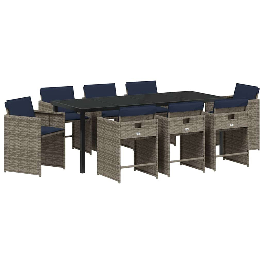 Tuin Eettafelset Met Kussen 9 Pcs Grijs Poly Rattan