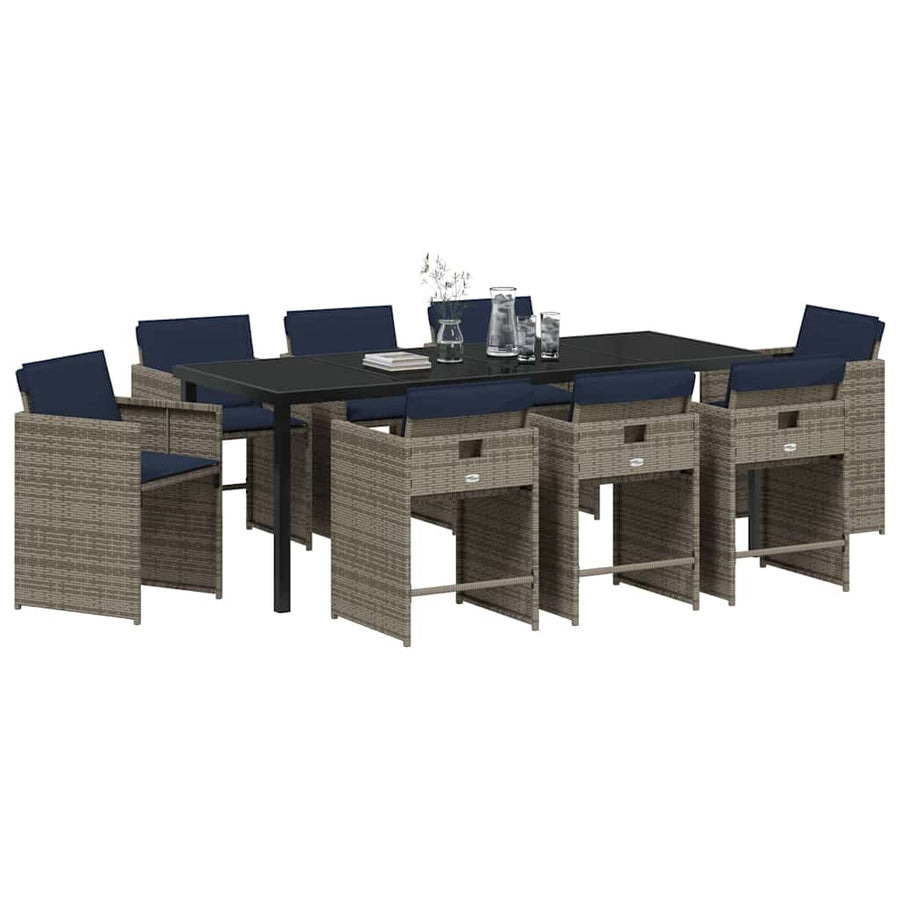 Tuin Eettafelset Met Kussen 9 Pcs Grijs Poly Rattan