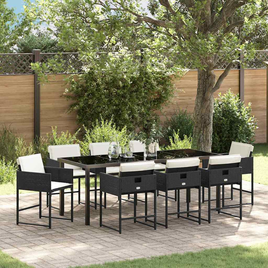 Tuin Eettafelset Met Kussen 9 Pcs Zwart Poly Rattan