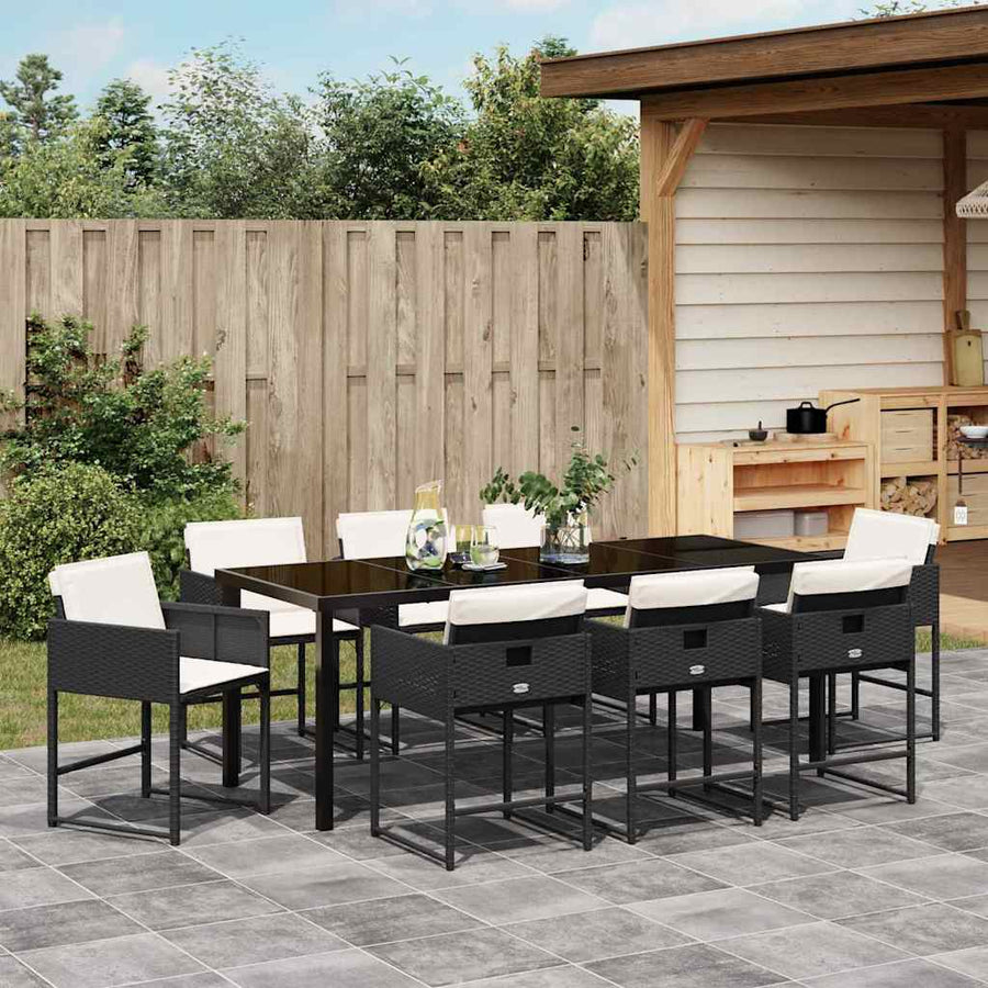 Tuin Eettafelset Met Kussen 9 Pcs Zwart Poly Rattan