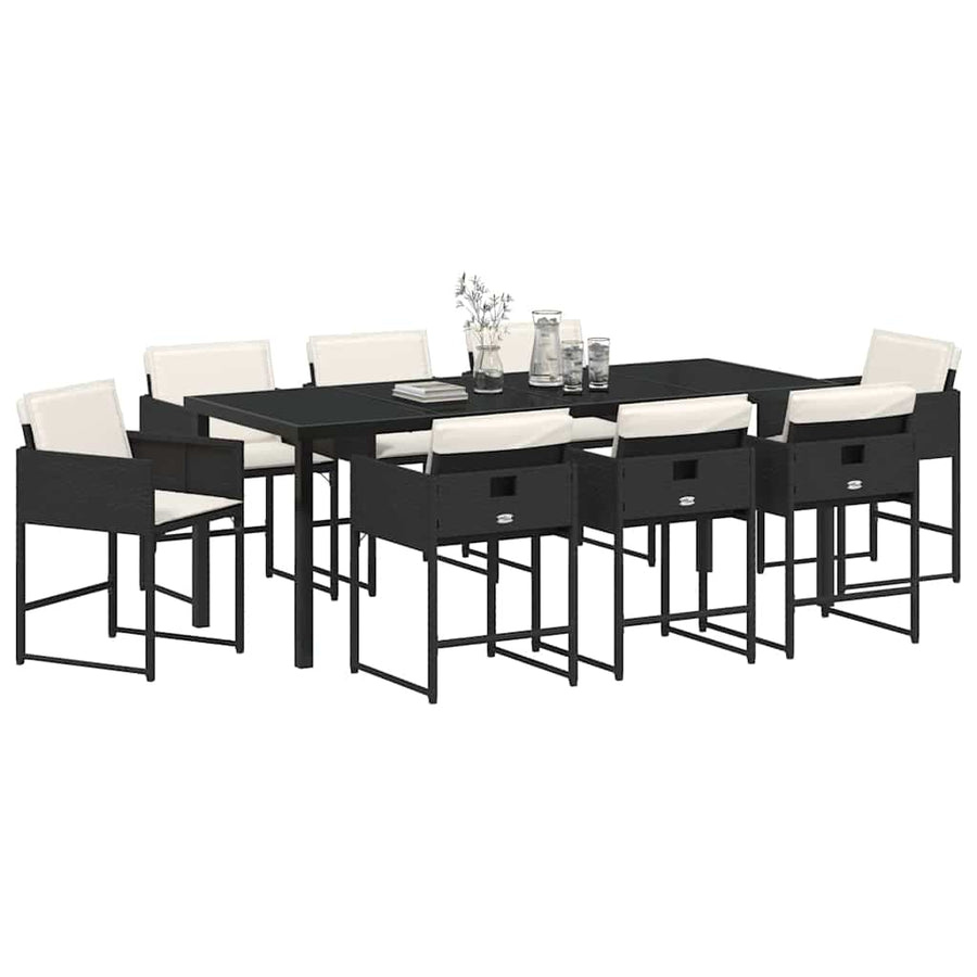 Tuin Eettafelset Met Kussen 9 Pcs Zwart Poly Rattan