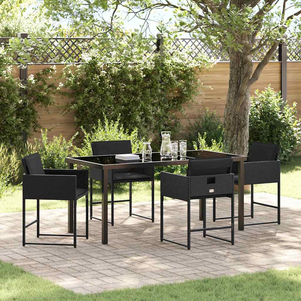 Tuin eettafelset met kussen 5 pcs Zwart poly rattan
