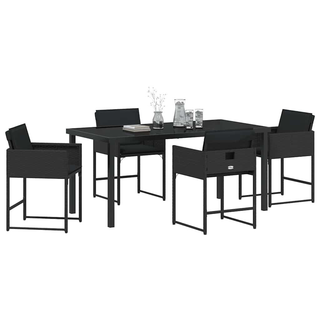Tuin eettafelset met kussen 5 pcs Zwart poly rattan