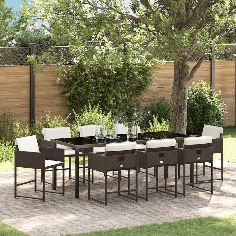 Tuin Eettafelset Met Kussen 9 Pcs Bruin Poly Rattan