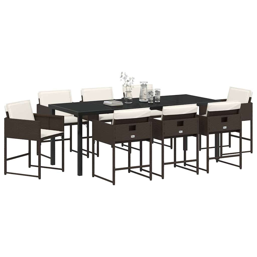 Tuin Eettafelset Met Kussen 9 Pcs Bruin Poly Rattan
