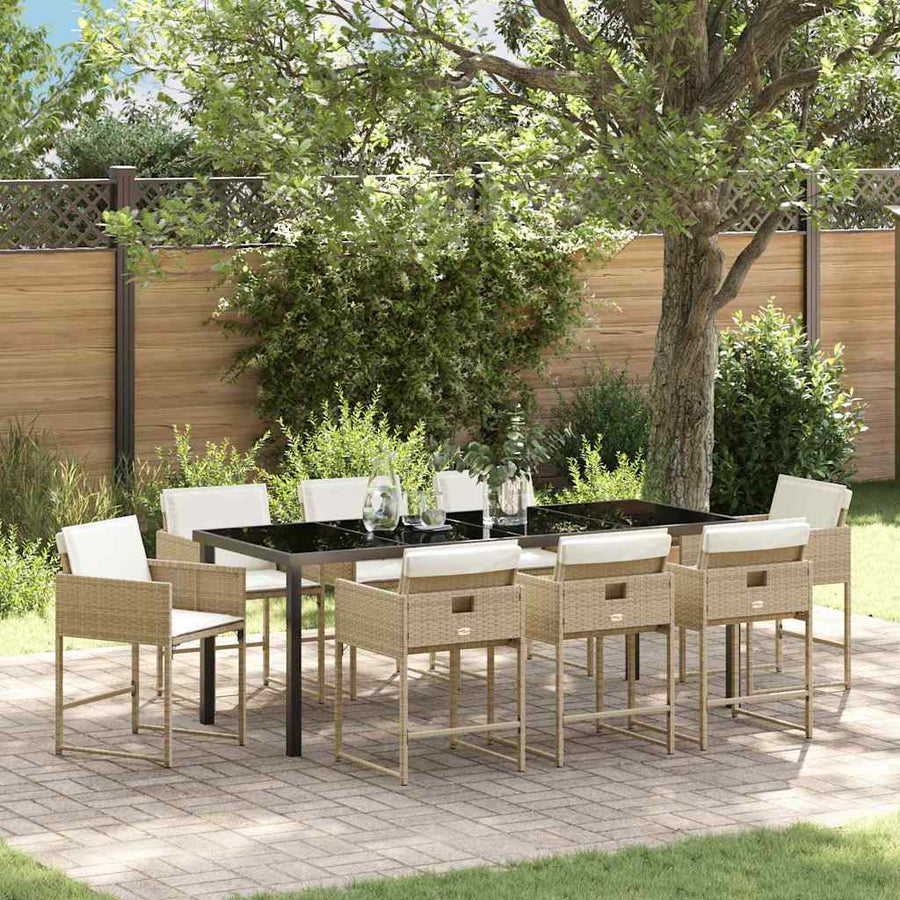 Tuin Eettafelset Met Kussen 9 Pcs Beige Poly Rattan