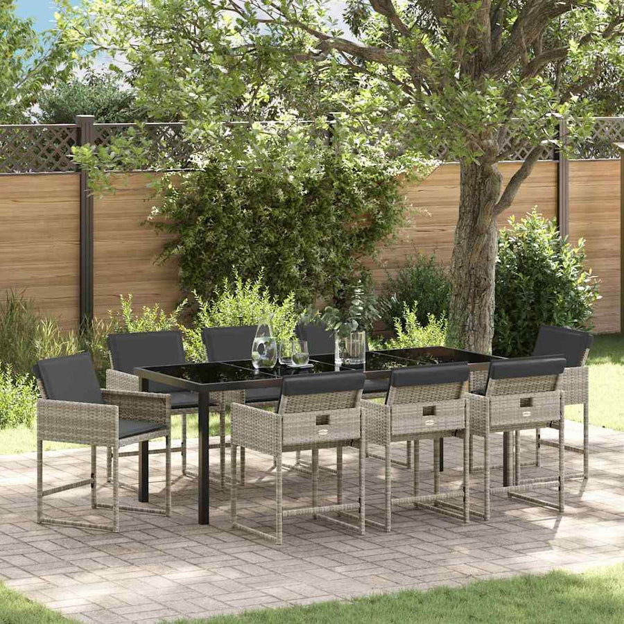 Tuin eettafelset met kussen 9 pcs Lichtgrijs poly rattan