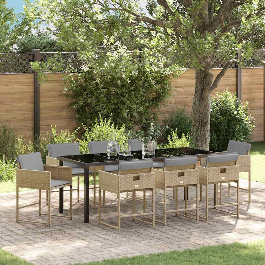 Tuin Eettafelset Met Kussen 9 Pcs Beige Poly Rattan