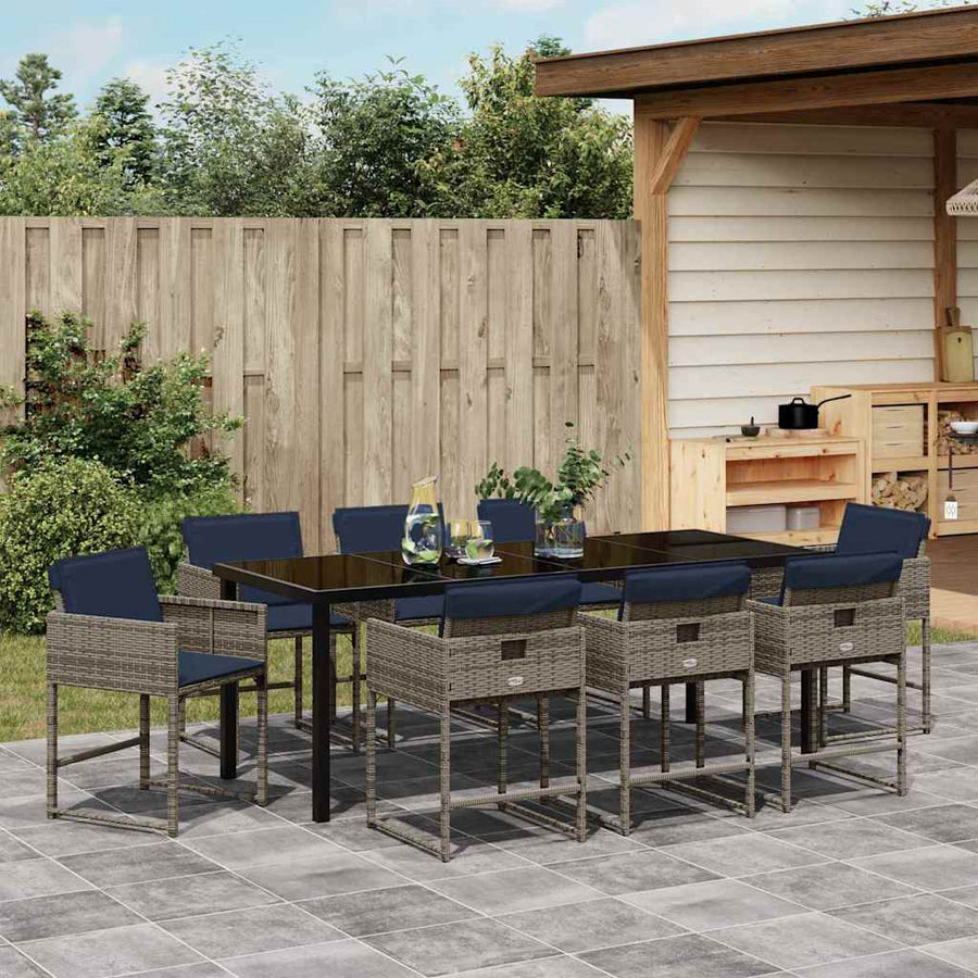 Tuin Eettafelset Met Kussen 9 Pcs Grijs Poly Rattan
