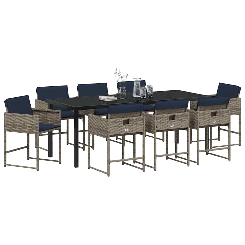 Tuin Eettafelset Met Kussen 9 Pcs Grijs Poly Rattan