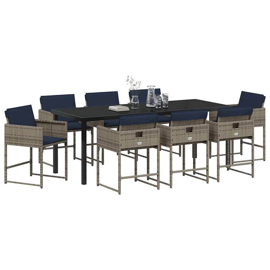 Tuin Eettafelset Met Kussen 9 Pcs Grijs Poly Rattan