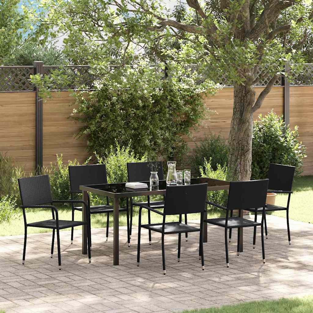 Tuin eettafelset met kussen 7 pcs Zwart poly rattan