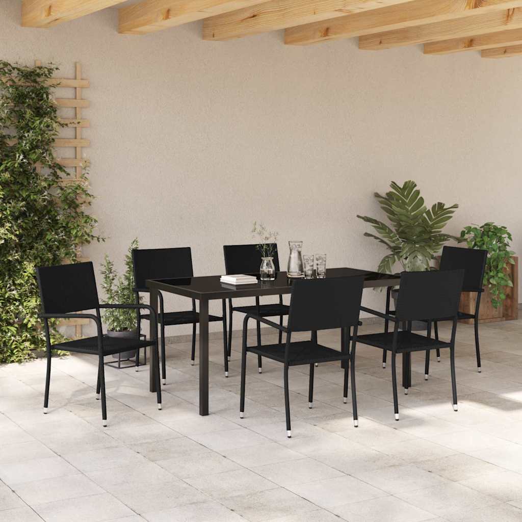 Tuin eettafelset met kussen 7 pcs Zwart poly rattan