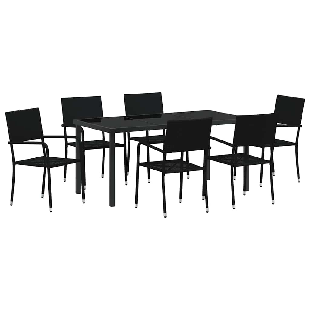 Tuin eettafelset met kussen 7 pcs Zwart poly rattan