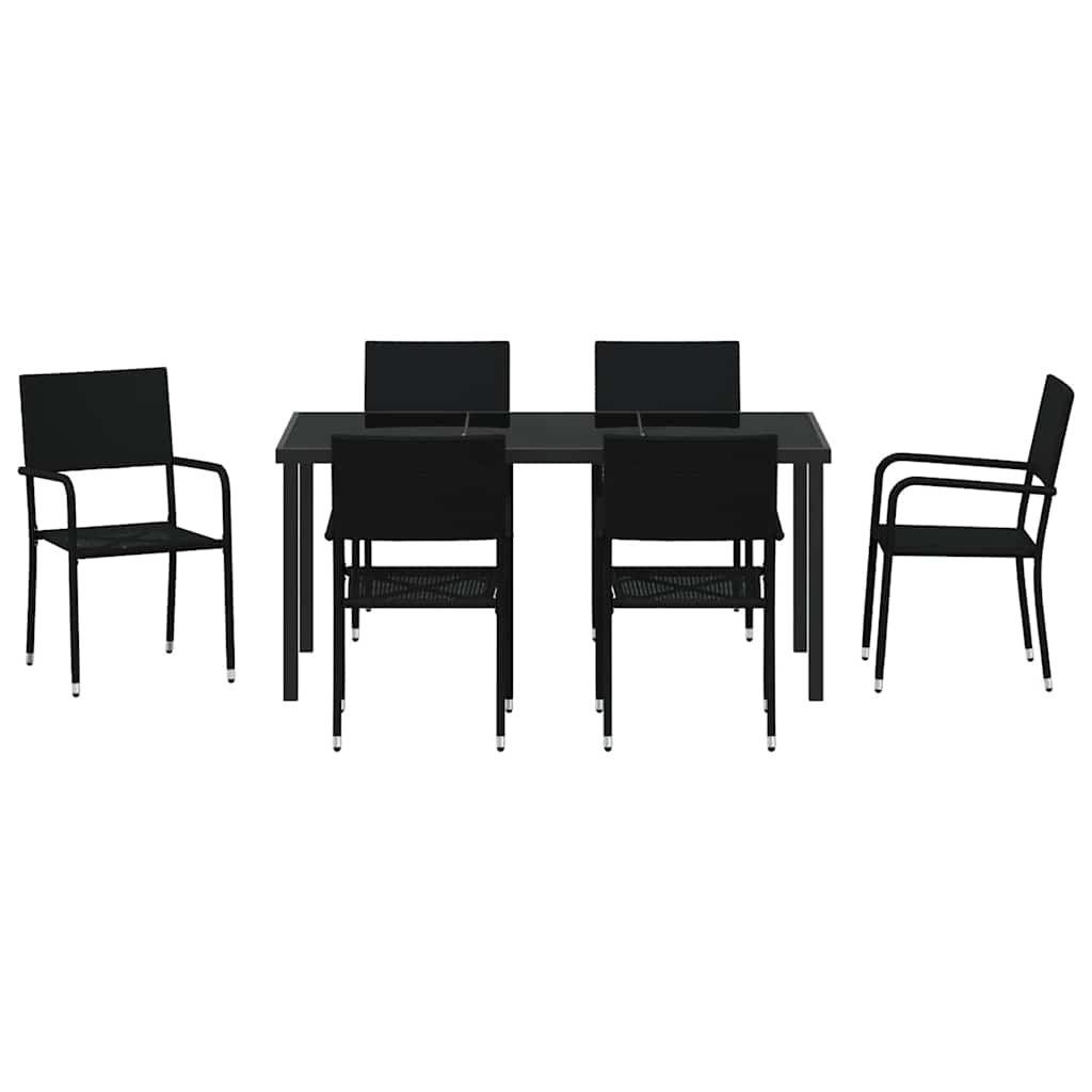 Tuin eettafelset met kussen 7 pcs Zwart poly rattan