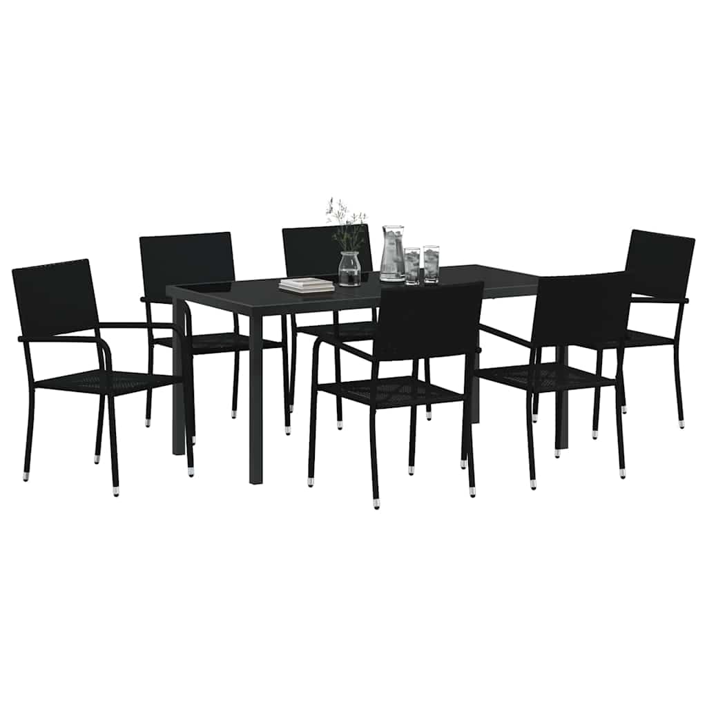 Tuin eettafelset met kussen 7 pcs Zwart poly rattan