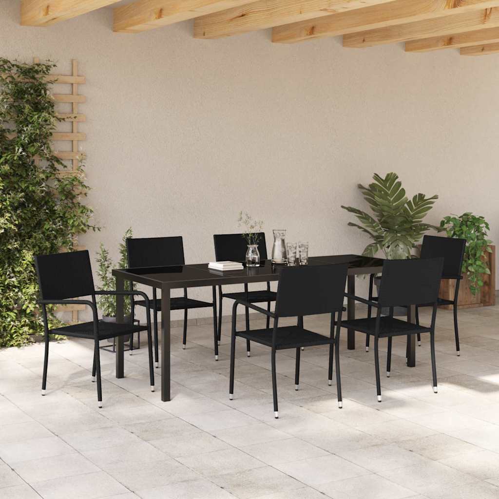 Tuin eettafelset met kussen 7 pcs Zwart poly rattan