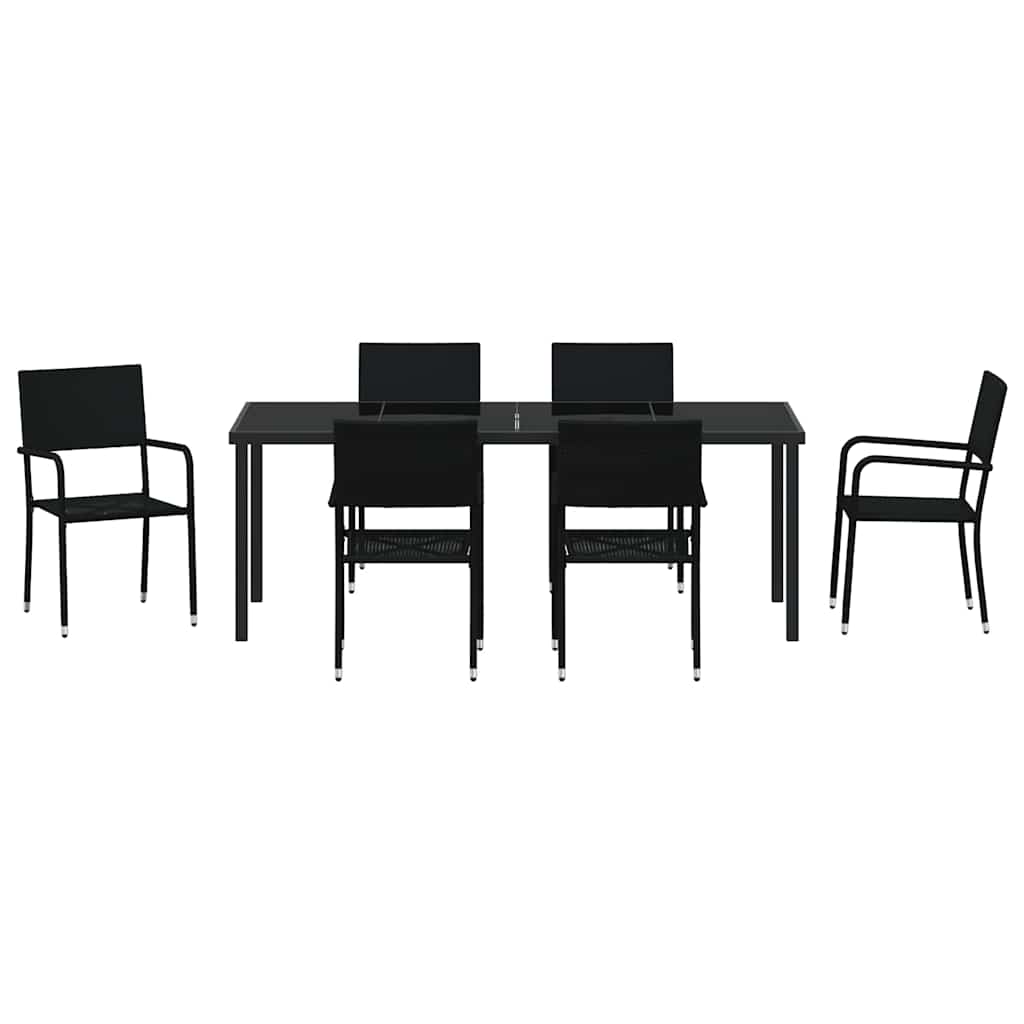 Tuin eettafelset met kussen 7 pcs Zwart poly rattan